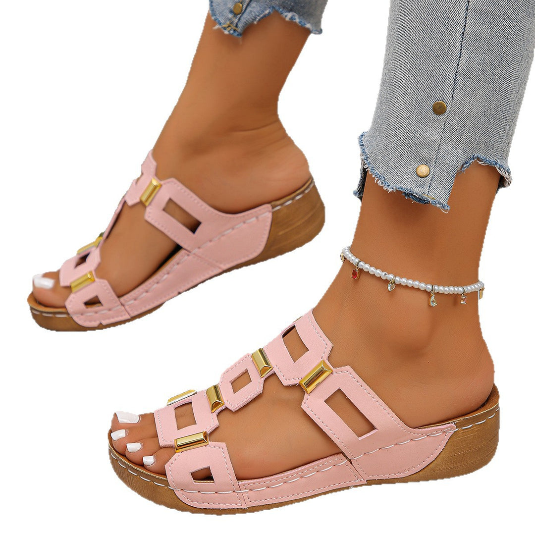 Damen Komfortable Wedge-Pantoletten mit dekorativen Riemen R&B