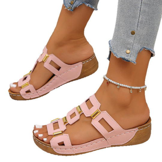 Damen Komfortable Wedge-Pantoletten mit dekorativen Riemen R&B