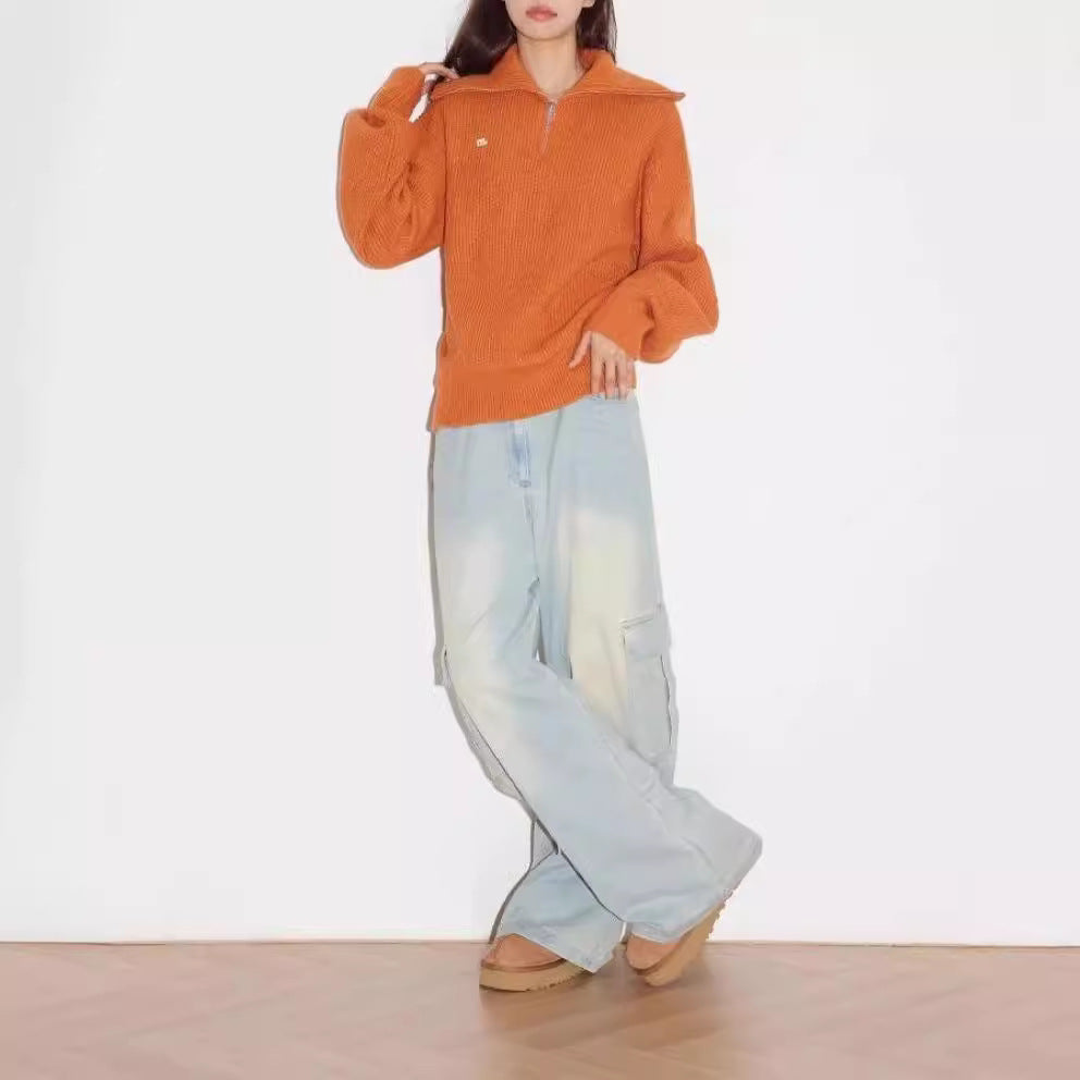 Damen gemütlicher Pullover mit hohem Kragen und Reißverschluss R&B