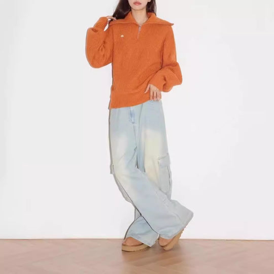 Damen gemütlicher Pullover mit hohem Kragen und Reißverschluss R&B