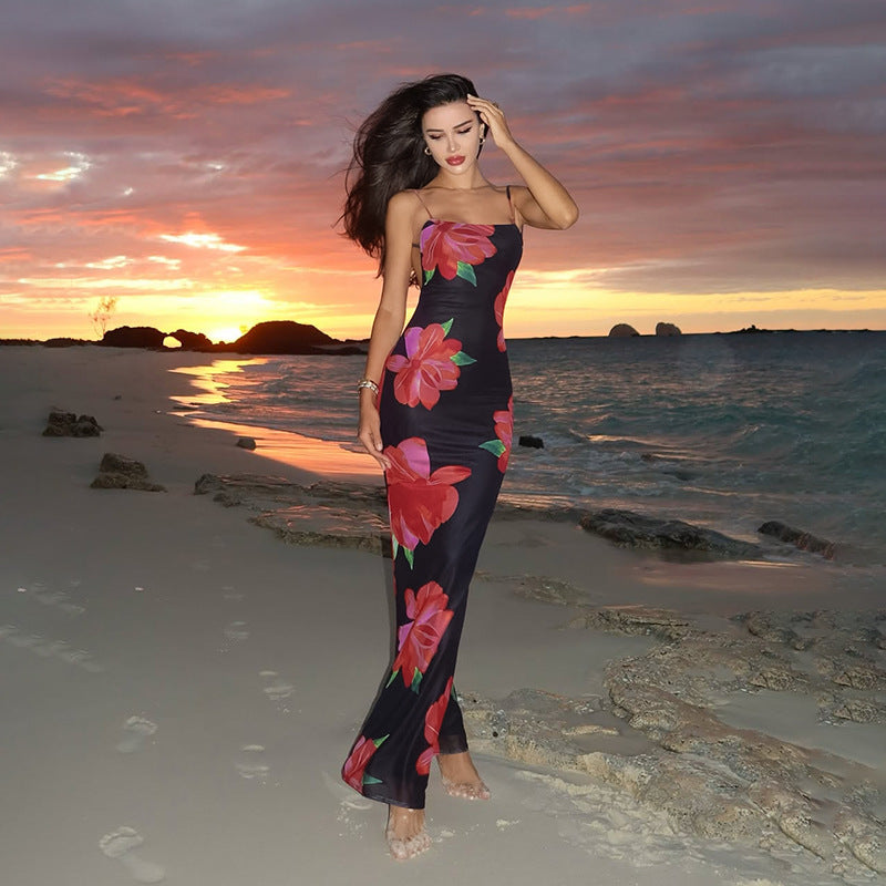 Damen figurbetontes Maxikleid mit floralen Akzenten und schmalen Spaghetti-Trägern R&B
