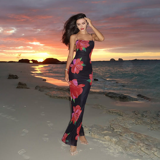 Damen figurbetontes Maxikleid mit floralen Akzenten und schmalen Spaghetti-Trägern R&B