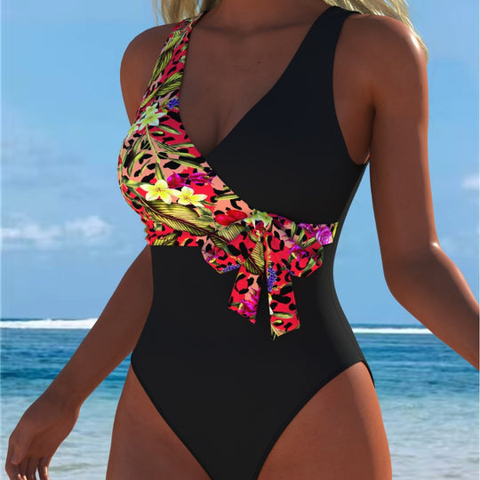 Damen einteiliger Badeanzug mit floralem Wickeldesign und modischem Schwarz R&B