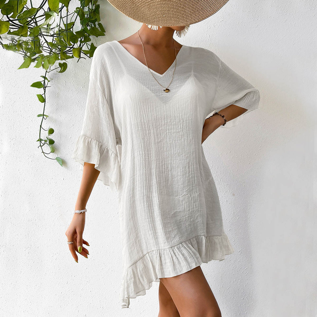 Damen lässiges Strandkleid mit V-Ausschnitt und Rüschensäumen R&B