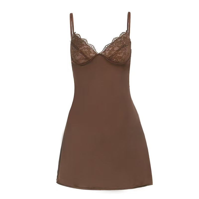 Damen verführerisches Minikleid mit Spitzen-Details und schmalen Trägern R&B