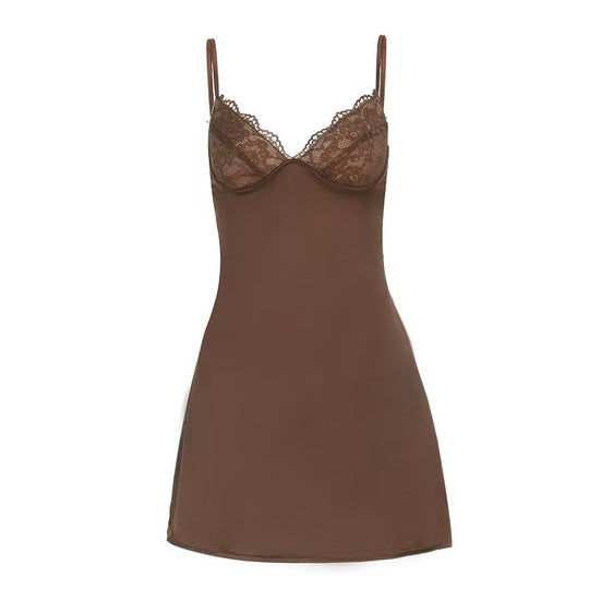 Damen verführerisches Minikleid mit Spitzen-Details und schmalen Trägern R&B