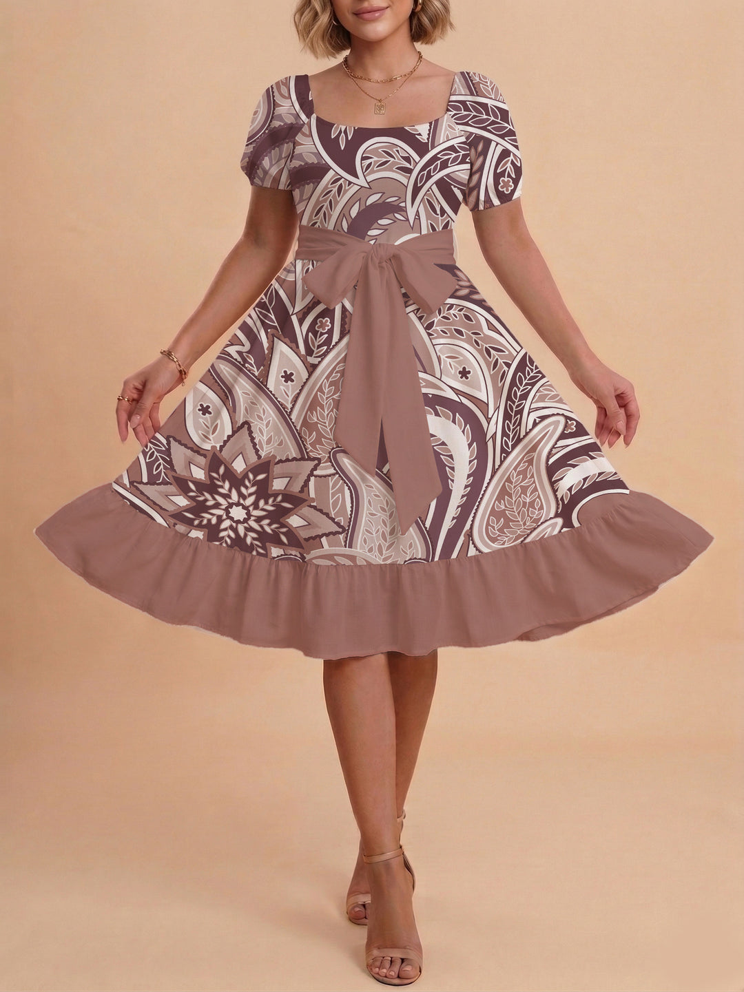 Damen modernes Blumenkleid mit elegantem Taillengürtel und asymmetrischem Saum R&B