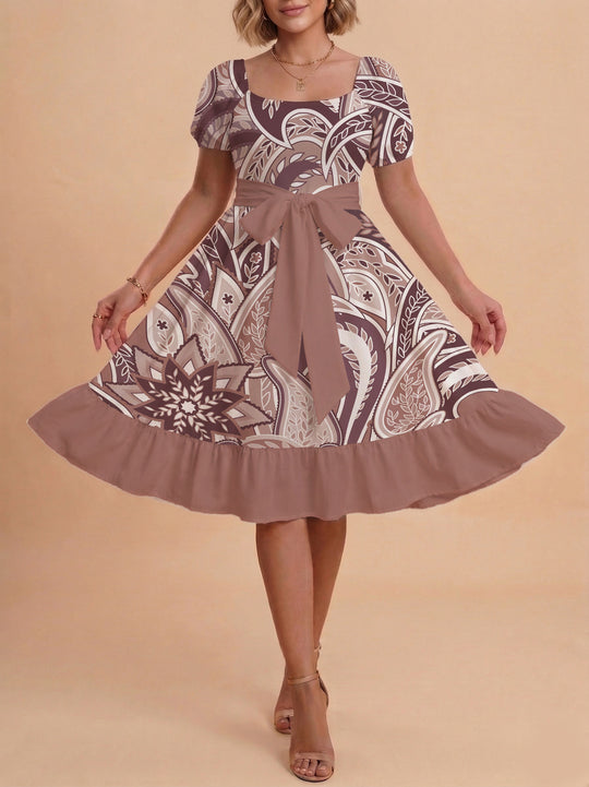 Damen modernes Blumenkleid mit elegantem Taillengürtel und asymmetrischem Saum R&B