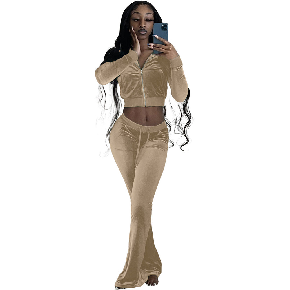 Damen Komfortables Lounge-Set aus weichem Veloursstoff mit Zip-Oberteil und weitem Bein R&B