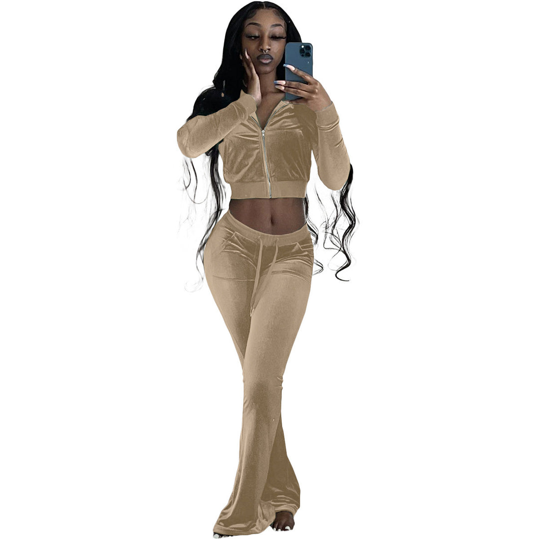 Damen Komfortables Lounge-Set aus weichem Veloursstoff mit Zip-Oberteil und weitem Bein R&B
