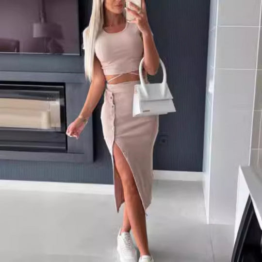 Frauen Ripp-Crop-Top und geknöpfter Midi-Rock Set R&B