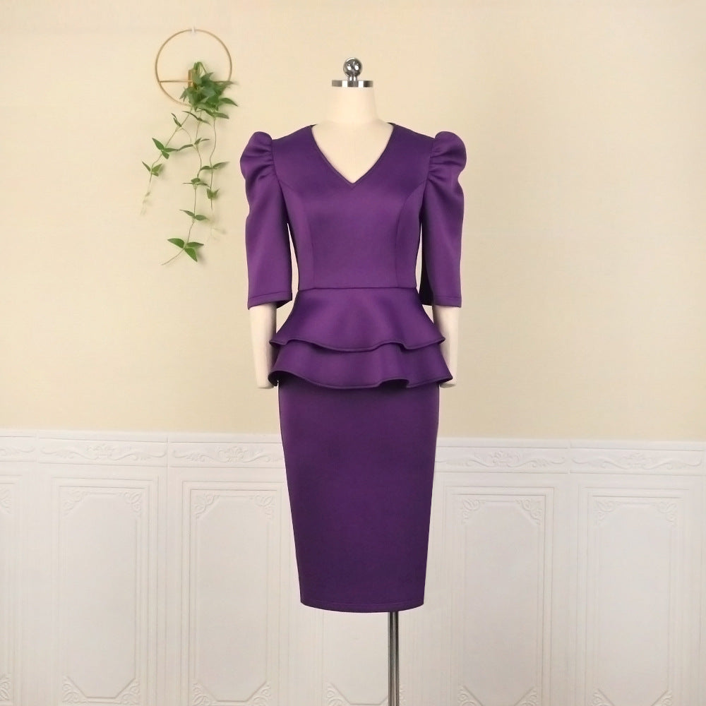 Damen Figurbetontes Kleid mit voluminösen Puffärmeln und tailliertem Peplum R&B