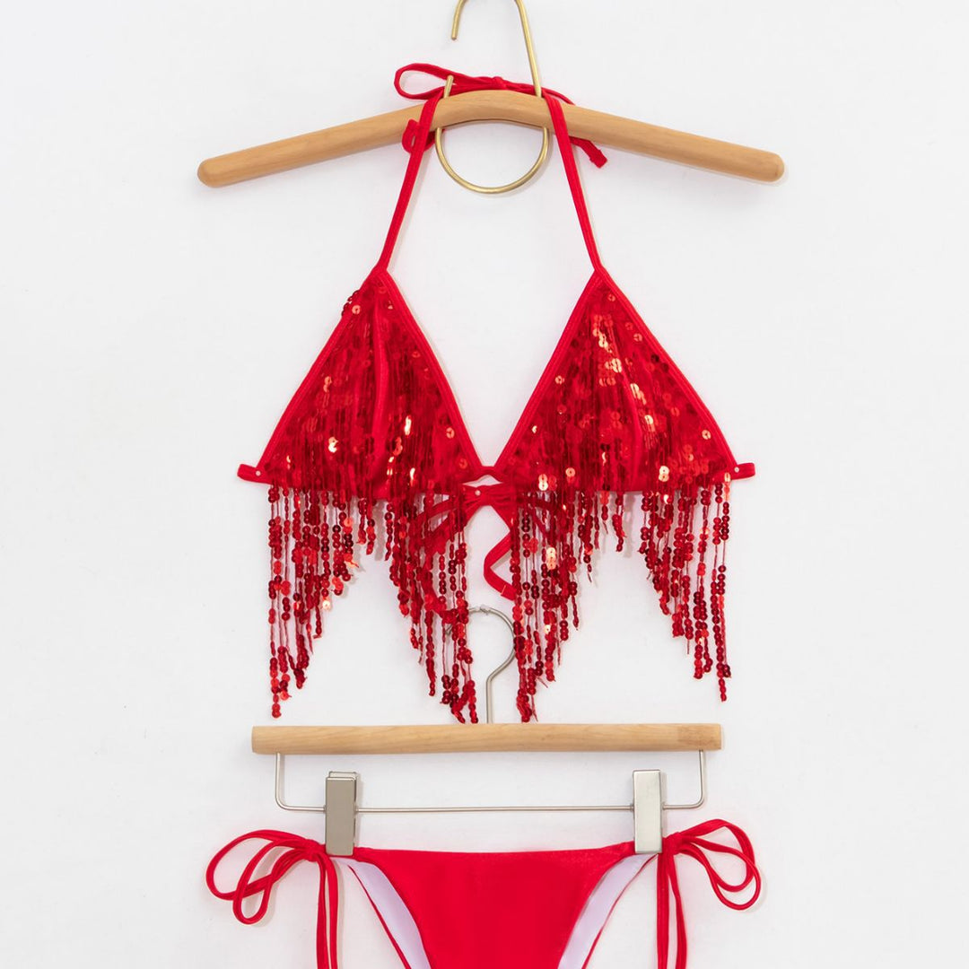Damen Bikini-Set mit glitzernden Pailletten und verspielten Bindebändern R&B