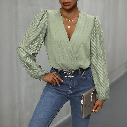 Damen elegantes Body mit voluminösen Ärmel und tiefem V-Ausschnitt R&B