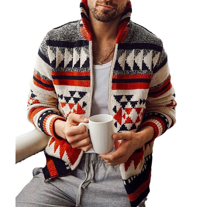 Herren Strickjacke mit geometrischem Muster und hoher Kragen R&B