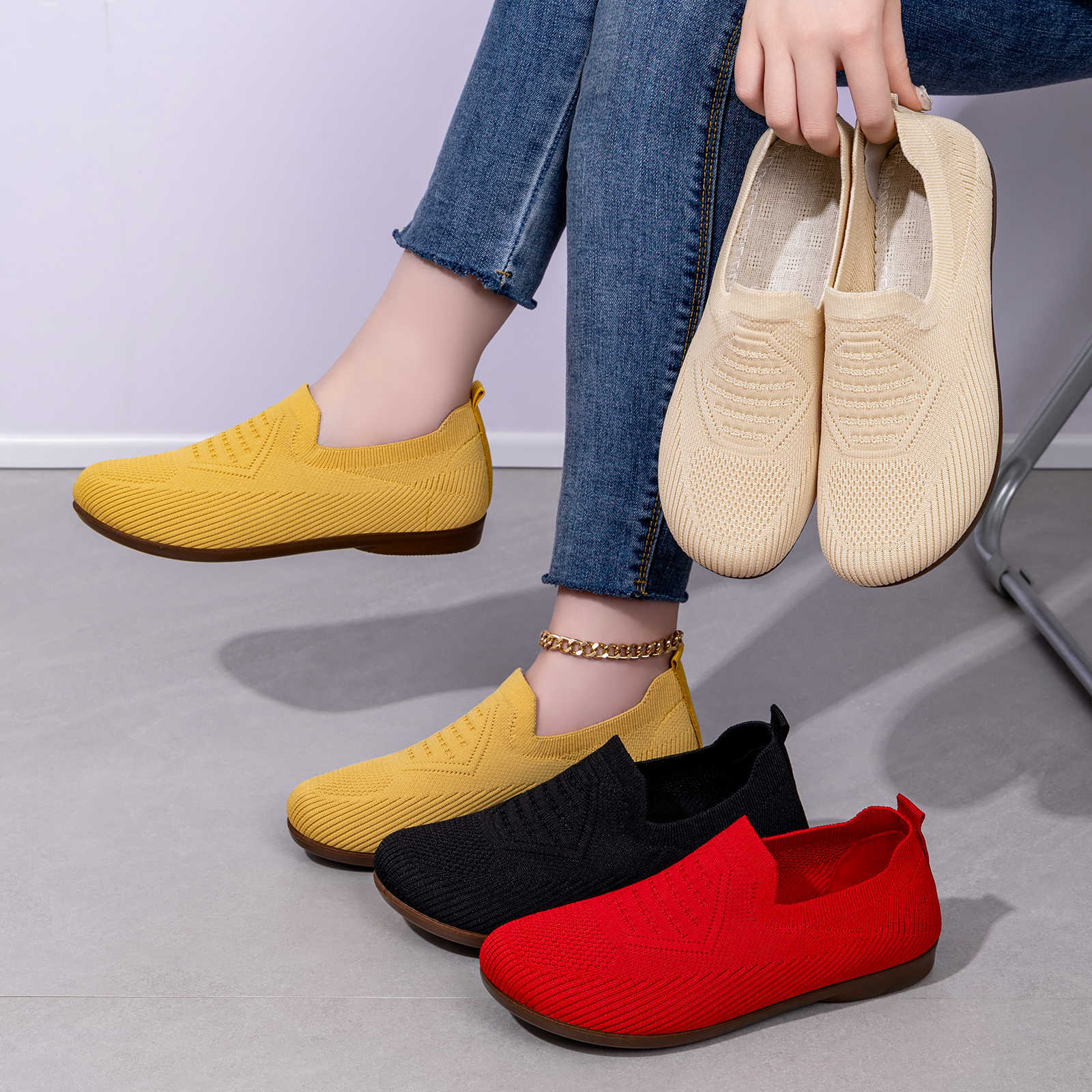 Damen Flexible Slip-On Sneaker mit atmungsaktivem Strickoberteil R&B