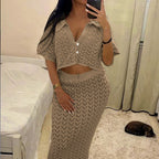 Damen Strick-Kleid mit hohen Seitenschlitzen und modischem Lochmuster R&B