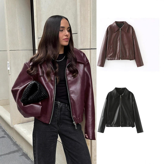 Damen elegante Kunstlederjacke im modernen Design mit praktischem Reißverschluss R&B