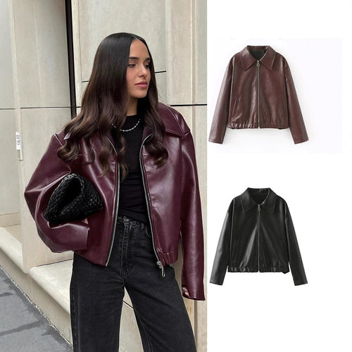 Damen elegante Kunstlederjacke im modernen Design mit praktischem Reißverschluss R&B