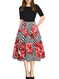 Damen Midikleid mit floralem Muster und gestreiften Akzenten