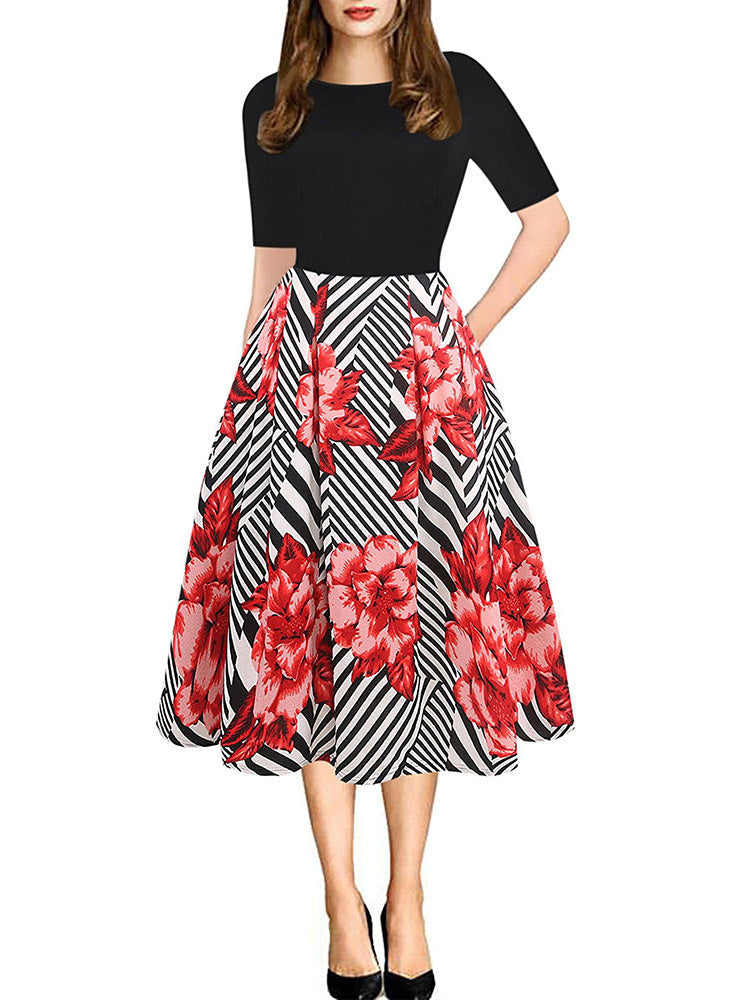 Damen Midikleid mit floralem Muster und gestreiften Akzenten