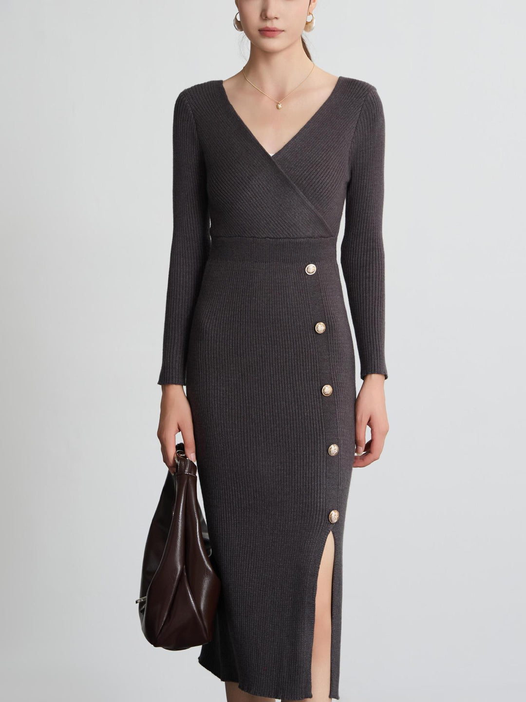 Damen Strickkleid mit Wickeloptik und Knopfdetails R&B