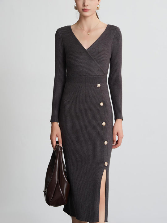 Damen Strickkleid mit Wickeloptik und Knopfdetails R&B
