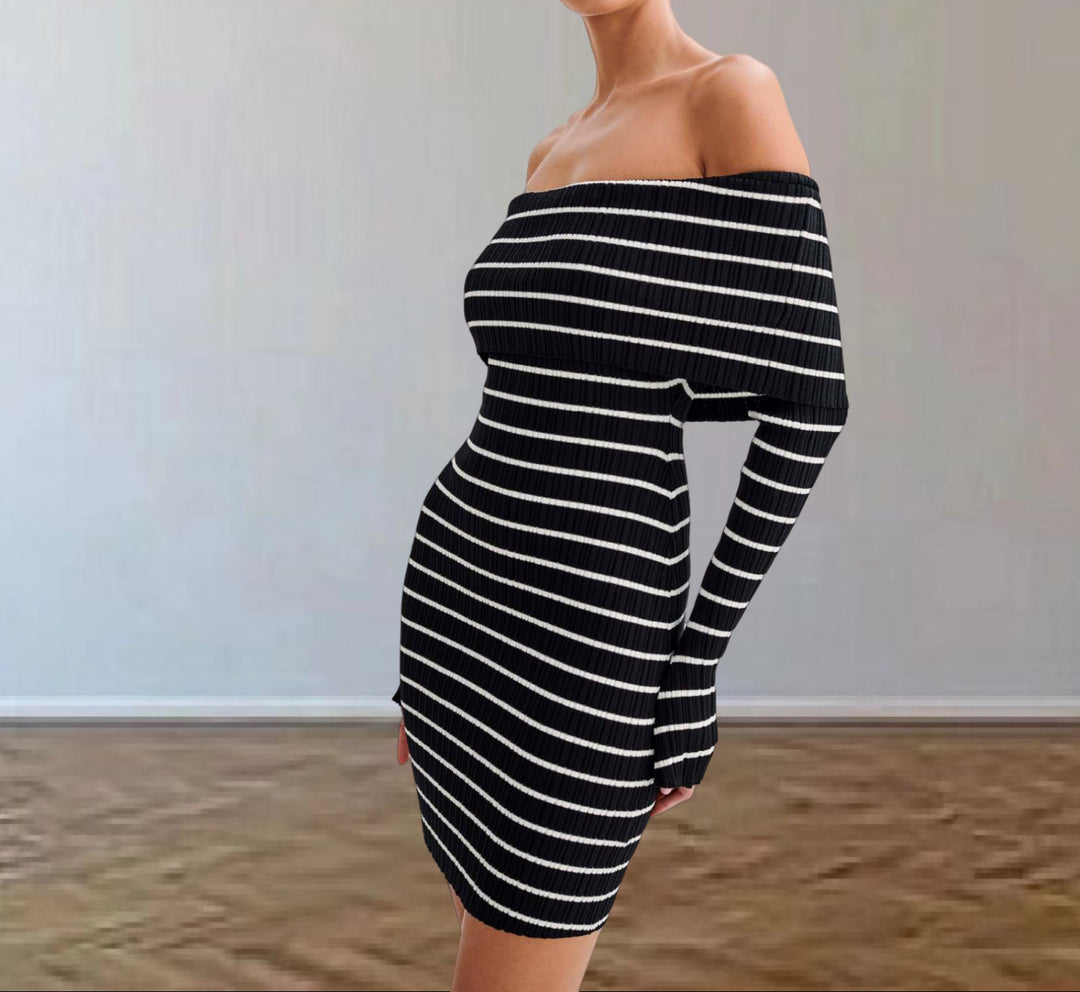 Damen Off-Shoulder Strickkleid mit langen Ärmeln und Streifenmuster R&B