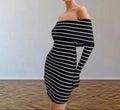 Damen Off-Shoulder Strickkleid mit langen Ärmeln und Streifenmuster R&B