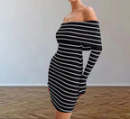 Damen Off-Shoulder Strickkleid mit langen Ärmeln und Streifenmuster R&B