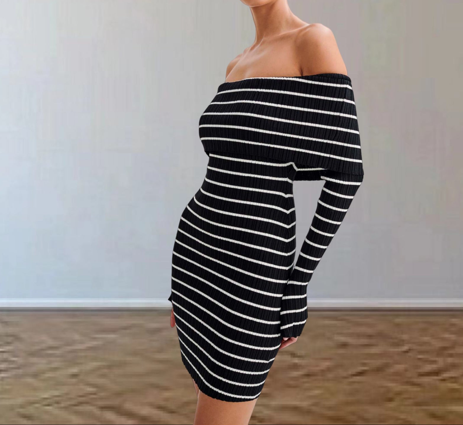 Damen Off-Shoulder Strickkleid mit langen Ärmeln und Streifenmuster R&B