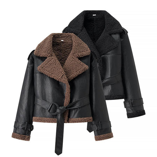 Damen Kunstlederjacke mit Teddy-Futter und taillierbarem Gürtel R&B