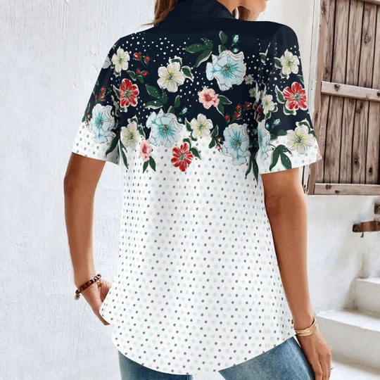 Damen nan Kurzarm-Polokragen-Tunika mit floralem Passe und Allover-Pünktchenprint R&B