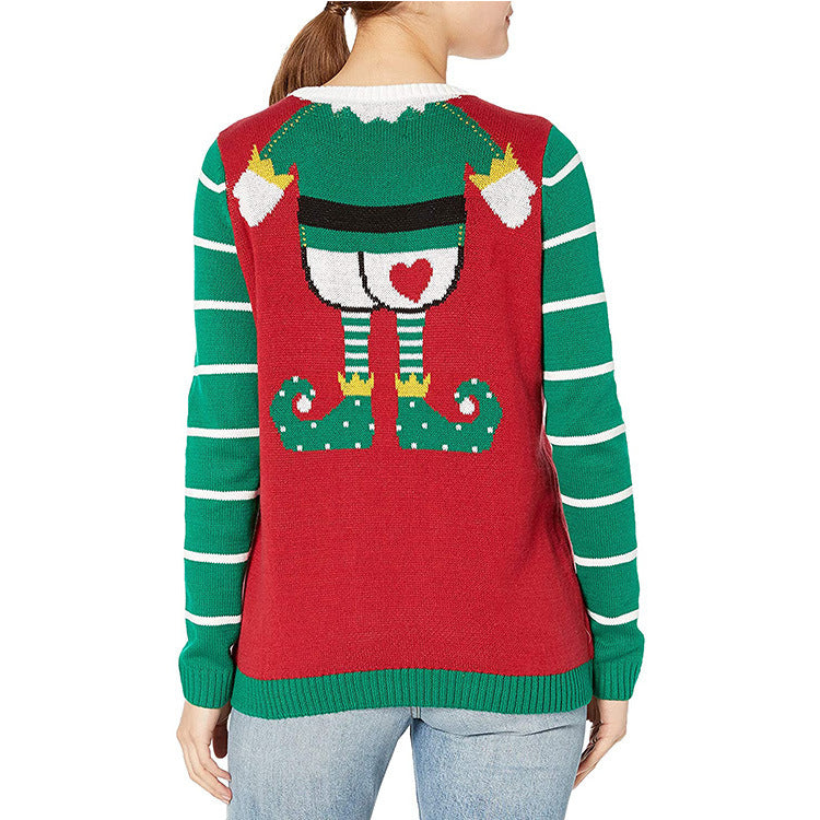 Damen Weihnachts-Pullover mit frechem Elf-Motiv und gestreiften Ärmeln R&B