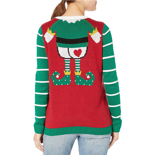 Damen Weihnachts-Pullover mit frechem Elf-Motiv und gestreiften Ärmeln R&B
