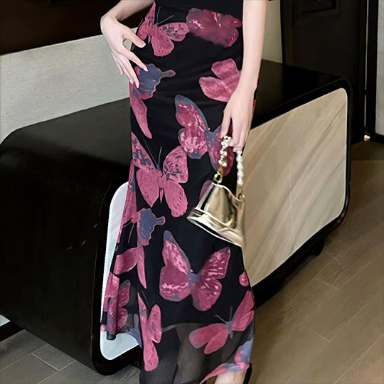 Damen Elegantes Maxikleid mit floralen Schmetterlingsmustern und transparentem Saum R&B