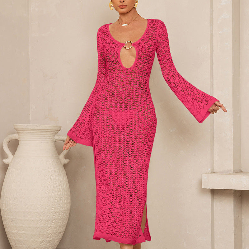Damen Elegantes Häkelkleid mit tiefem Ausschnitt und weiten Ärmeln R&B