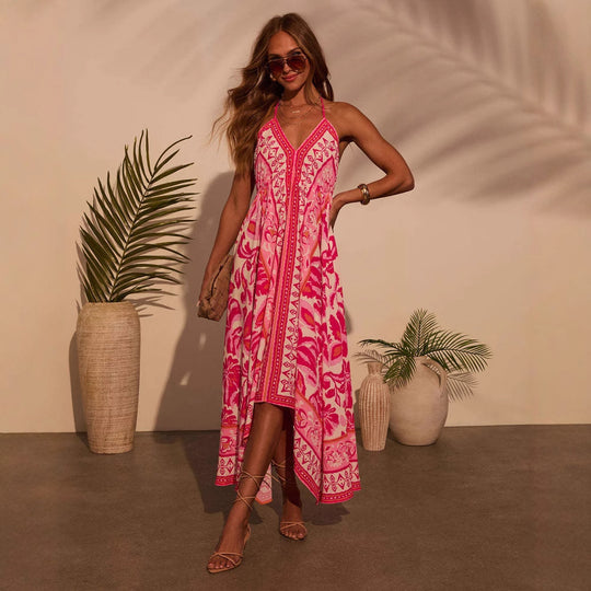 Damen Luftiges Maxikleid mit verspieltem Halterneck-Design und floralen Akzenten R&B