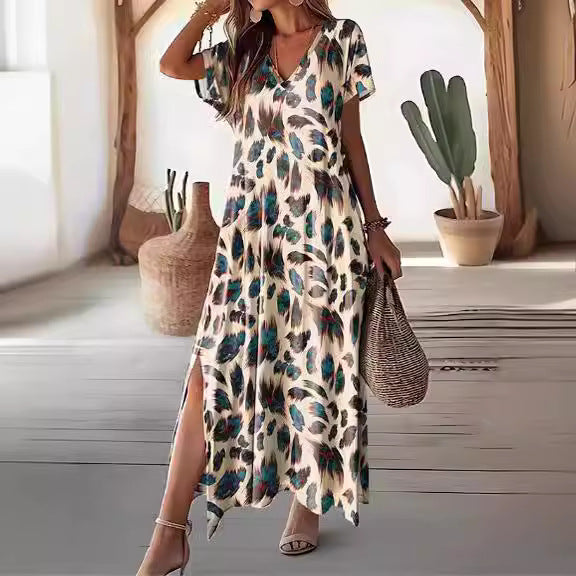 Damen Maxikleid mit V-Ausschnitt und modischem Tierdruck R&B