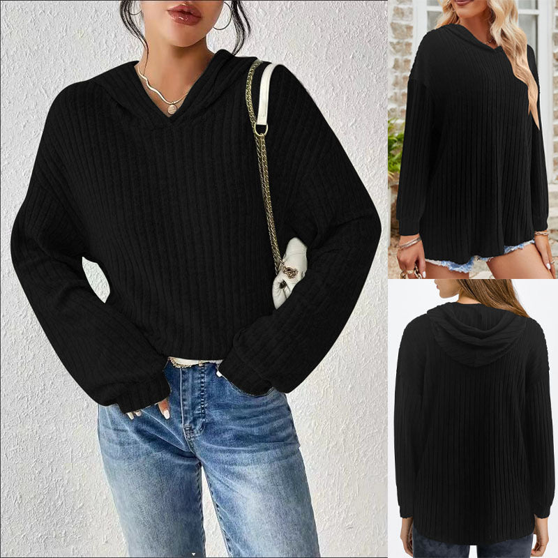 Damen lässiger Pullover mit strukturiertem Rippdesign und bequemem Kapuzenkragen R&B