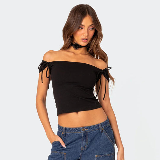 Damen Trägertop mit Off-Shoulder-Design und Bindegurten R&B