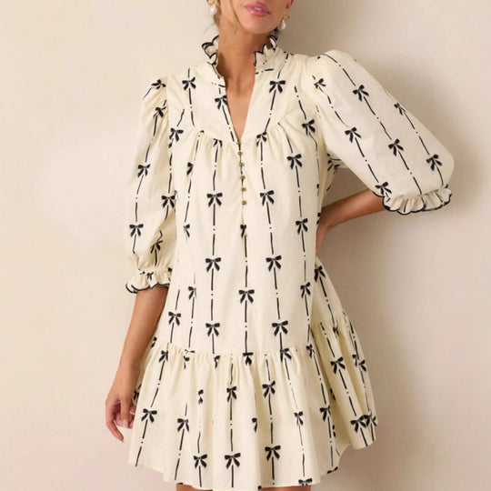 Damen luftiges Freizeitkleid mit Rüschen und zartem Schleifenprint R&B