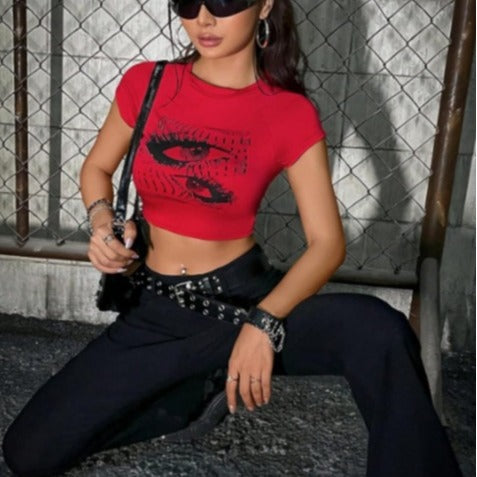 Damen Crop-Top mit kreativem Augenmotiv und figurbetonter Passform R&B