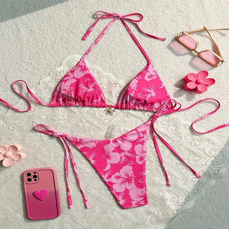 Damen Triangel-Bikini mit floralen Akzenten und verstellbaren BindR&Bändern R&B