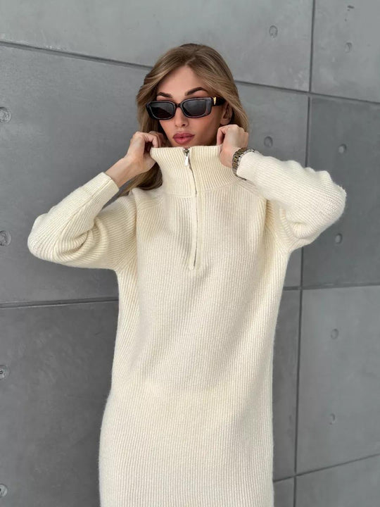 Damen Strickkleid mit Stehkragen und durchgehendem Reißverschluss R&B