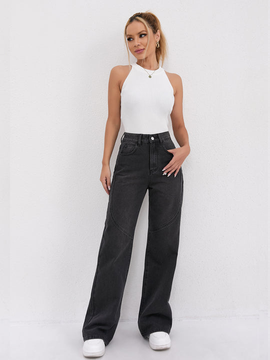 Damen Weite Hochtaillen-Jeans mit einzigartigen Nahtdetails und lässigem Schnitt R&B