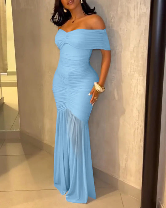 Damen Off-Shoulder Maxikleid mit elegantem Raffungseffekt R&B