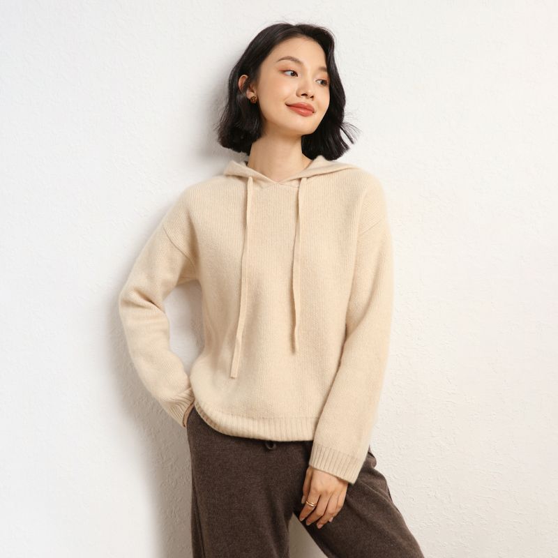 Damen lässiger Strickpullover mit Kapuze und fein strukturierter Oberfläche R&B