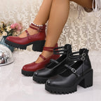 Damen Blockabsatz-Schnürschuhe mit modischem Riemendesign und rutschfester Sohle R&B