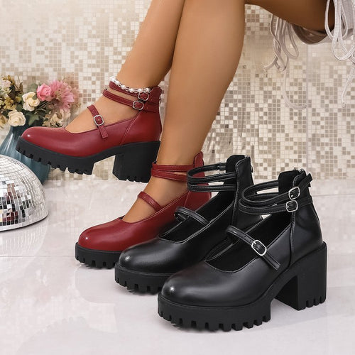Damen Blockabsatz-Schnürschuhe mit modischem Riemendesign und rutschfester Sohle R&B